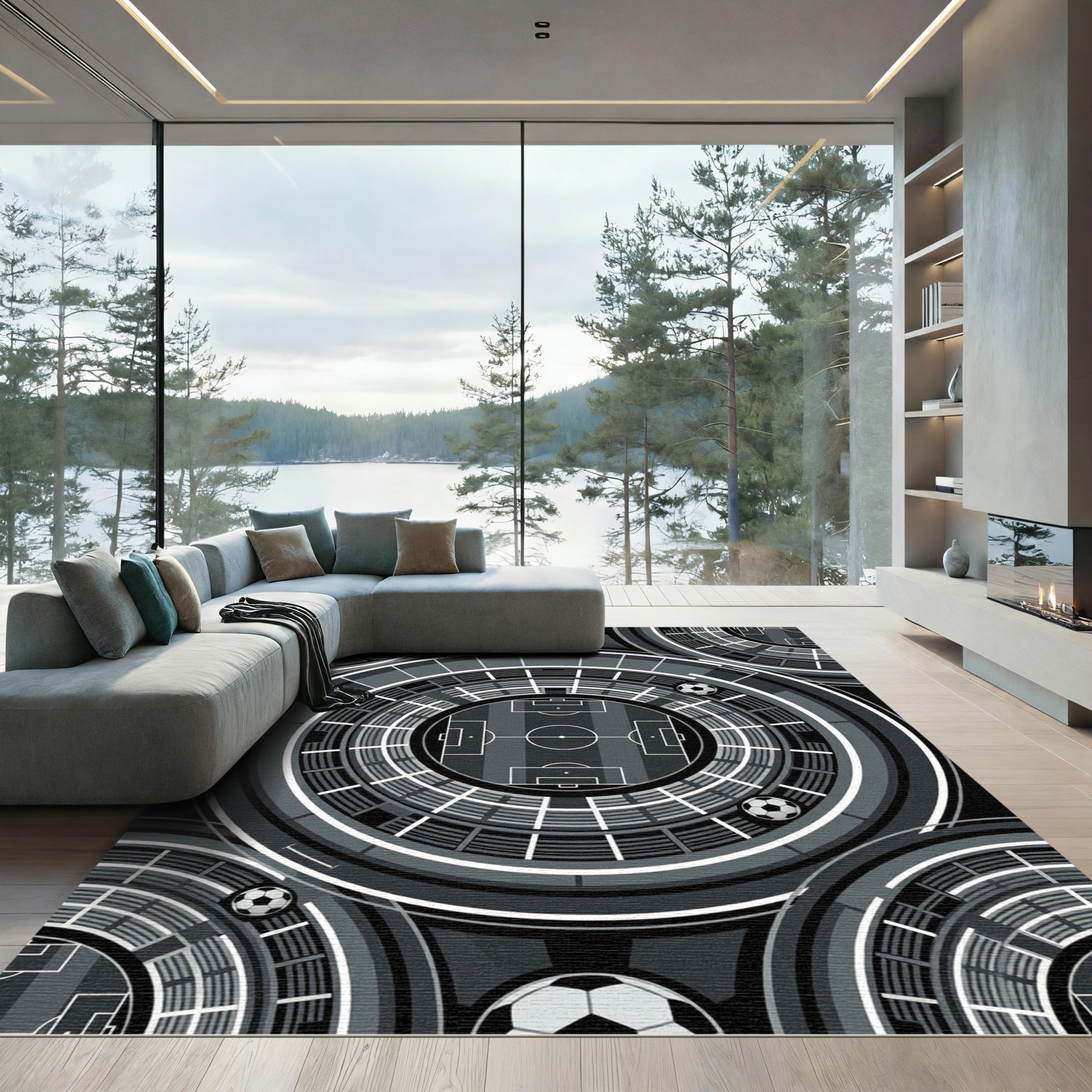 Modern Monochrome Circular Soccer Stadium Grid Rug