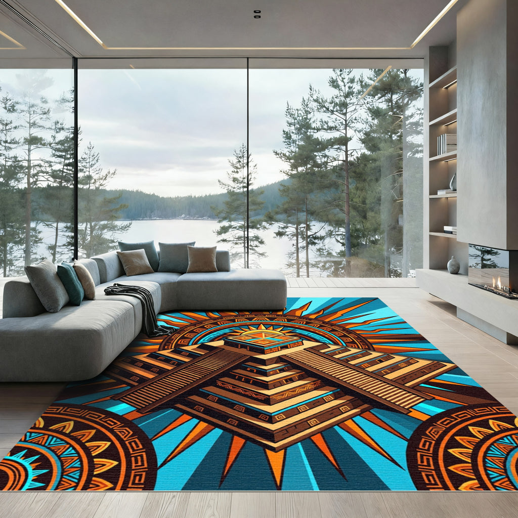 Vibrant Aztec Sun Pyramid Geometric Art Rug