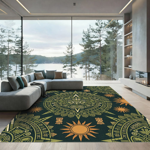 Aztec Sun Medallion Olive Gold Art Rug