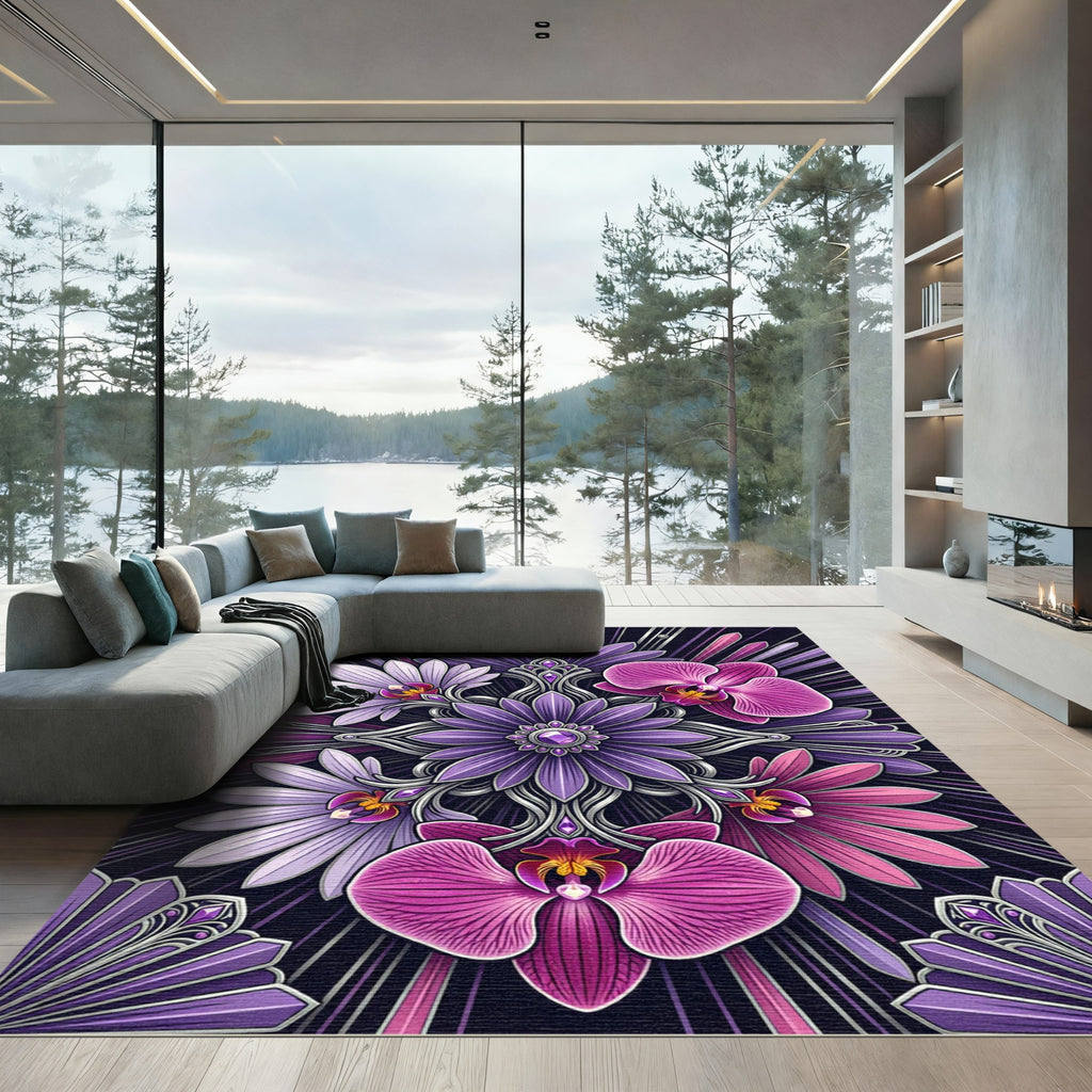 Ornate Purple Orchid Gemstone Mandala Rug