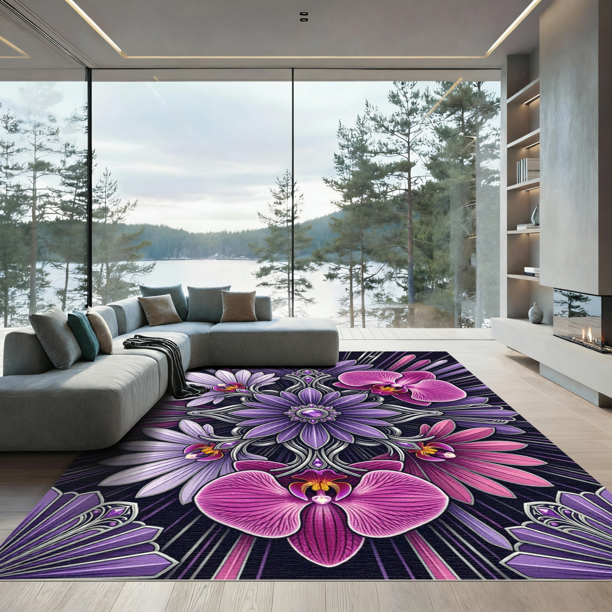 Ornate Purple Orchid Gemstone Mandala Rug