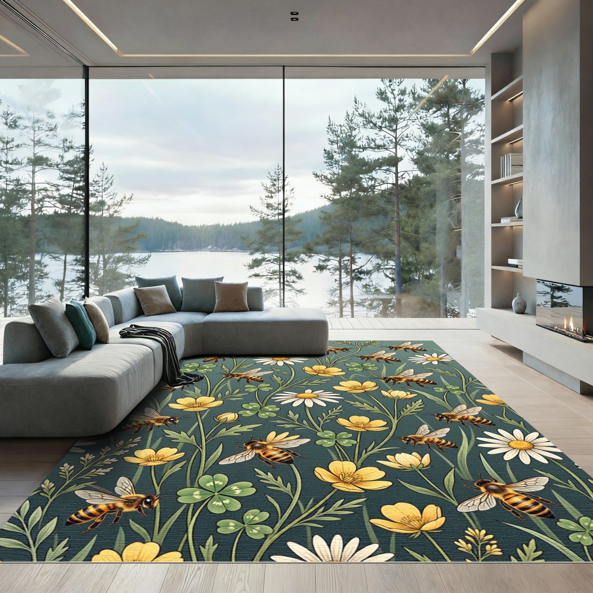 Golden Bumblebee and Wildflower Botanical Meadow Rug