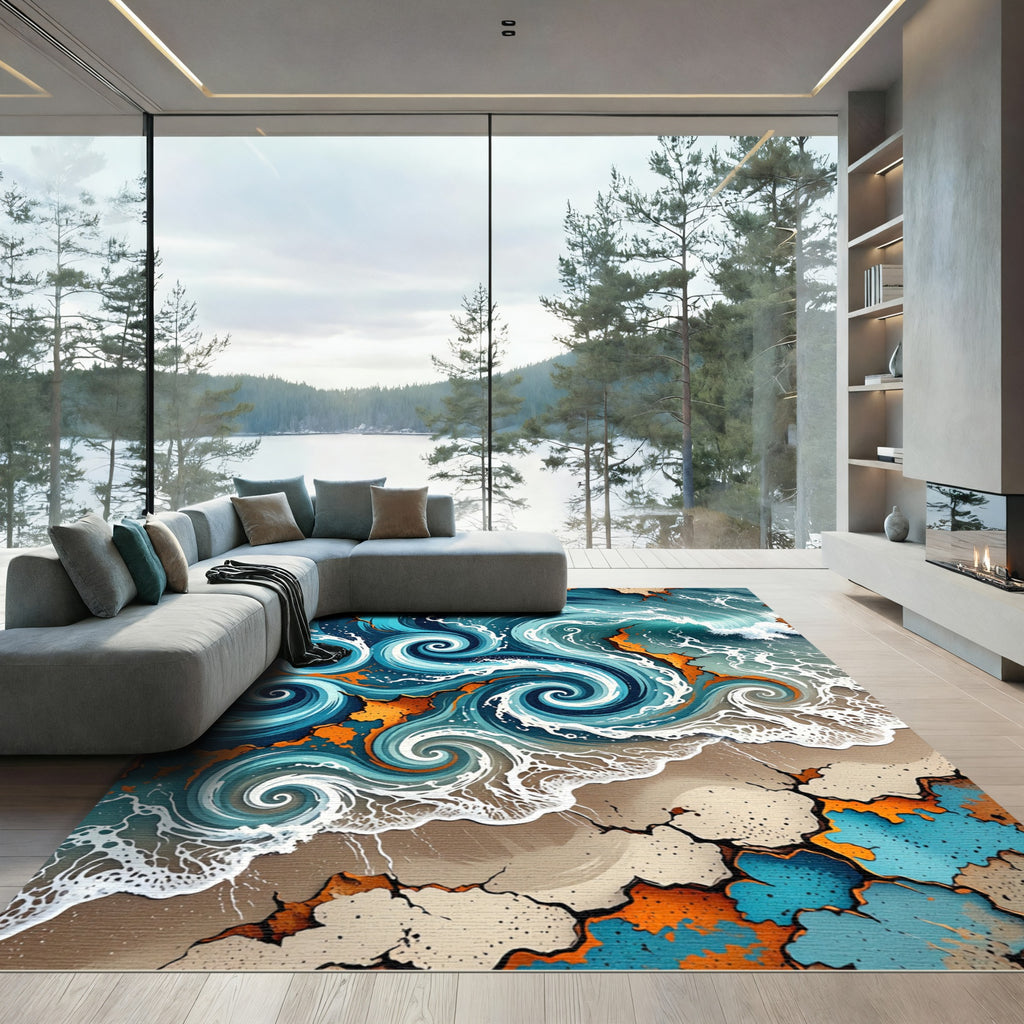 Dynamic Blue Swirl Ocean Shore Rug