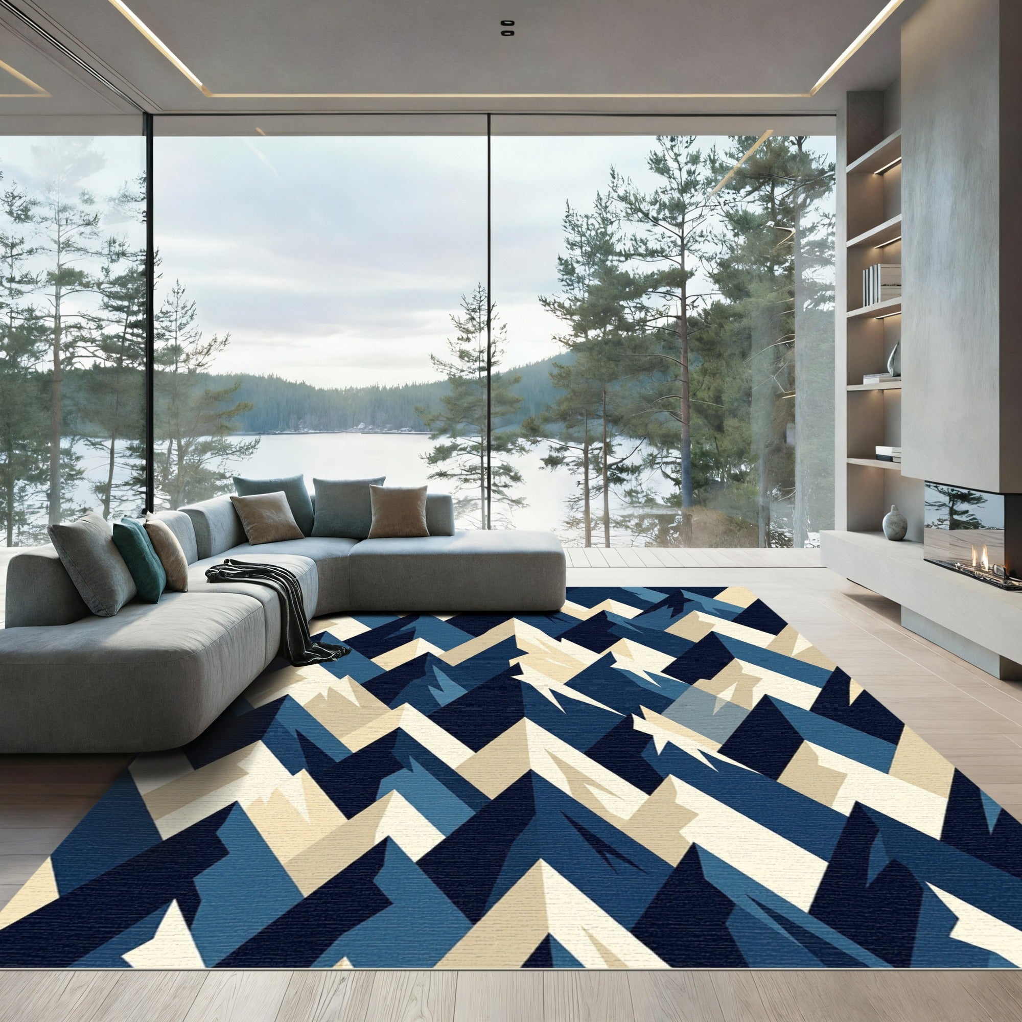 Blue Geometric Abstract Mountain Peak Rug