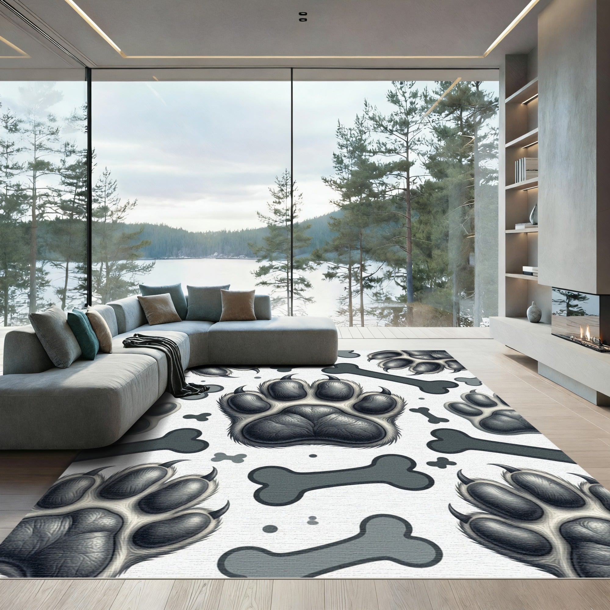 Monochrome Paw and Bone Animal Art Rug