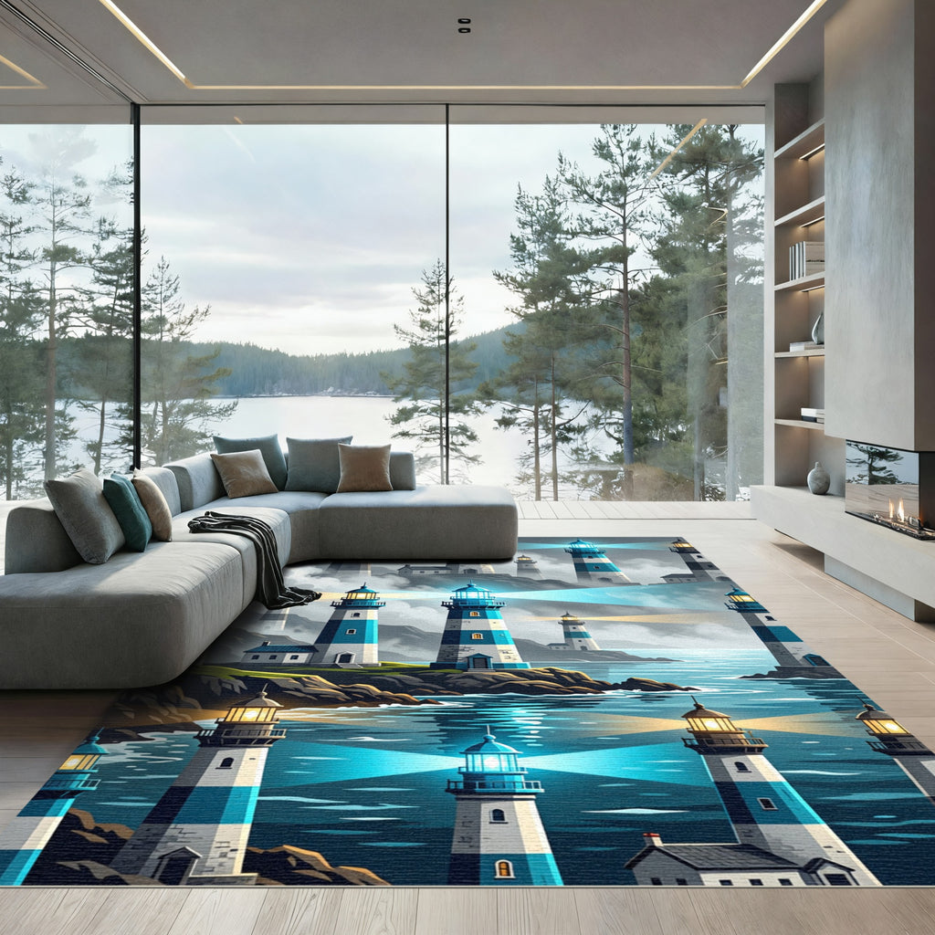 Coastal Blue Lighthouse Landscape Scene Rug