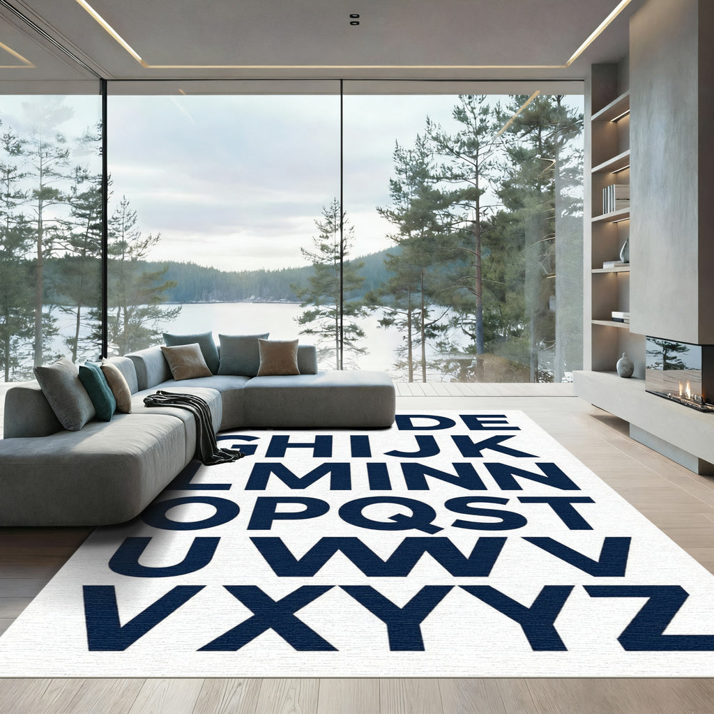 Navy Blue Modern Alphabet Typography Rug
