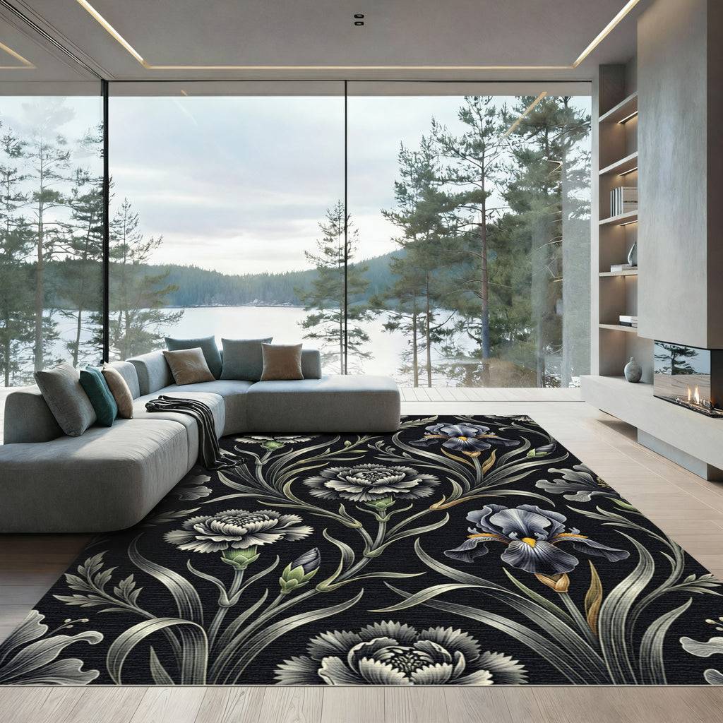 Monochromatic Floral Art Nouveau Botanical Rug