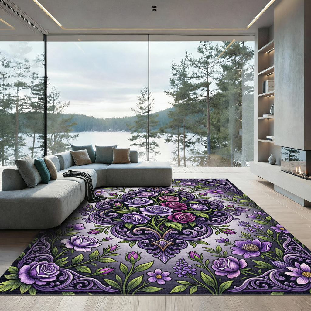 Elegant Violet Rose Damask Floral Rug