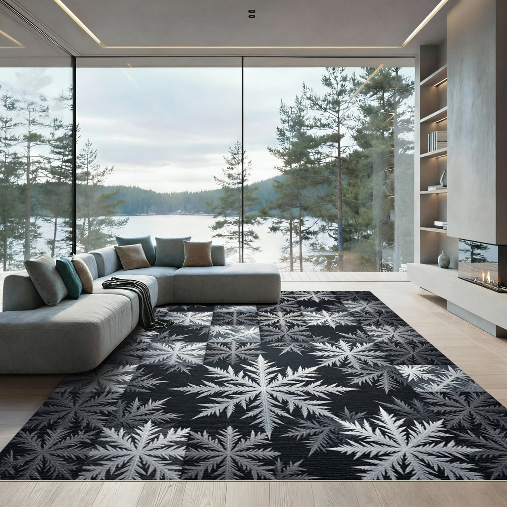 Monochrome Botanical Snowflake Grid Rug