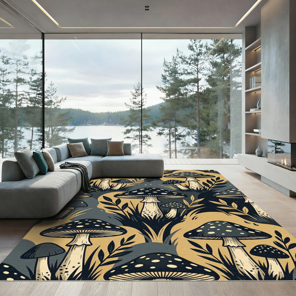 Whimsical Golden Mushroom Forest Botanical Rug