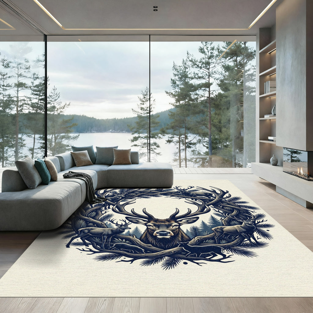 Majestic Forest Stag Silhouette Wreath Rug