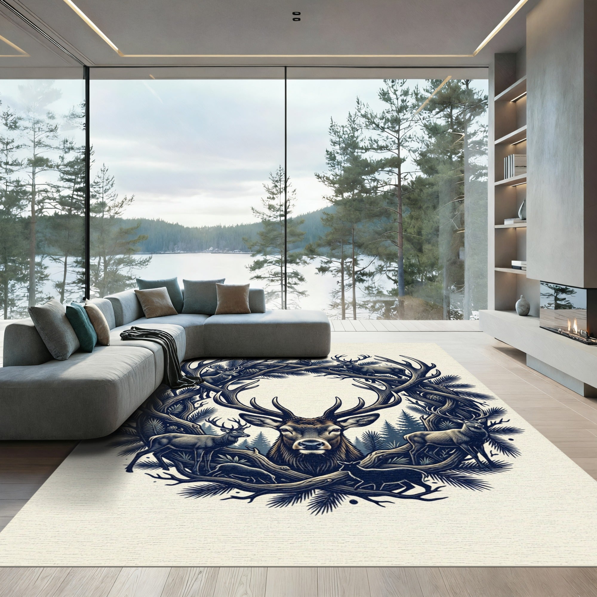 Majestic Forest Stag Silhouette Wreath Rug
