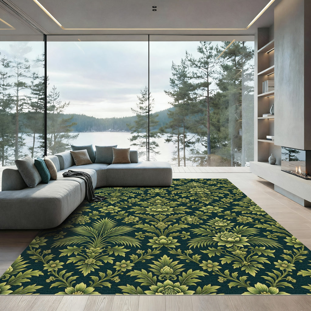 Lush Green Floral Damask Rug