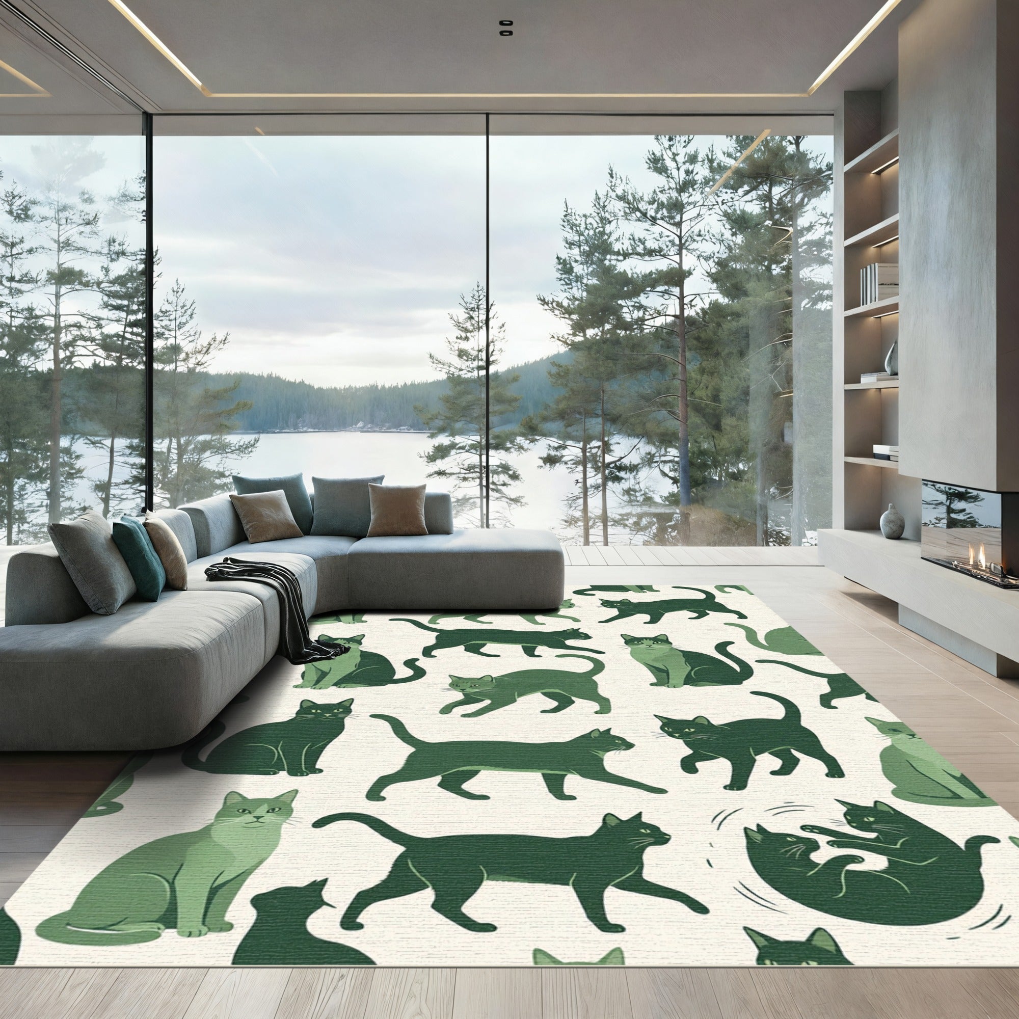 Whimsical Sage Green Playful Cat Illustration Rug
