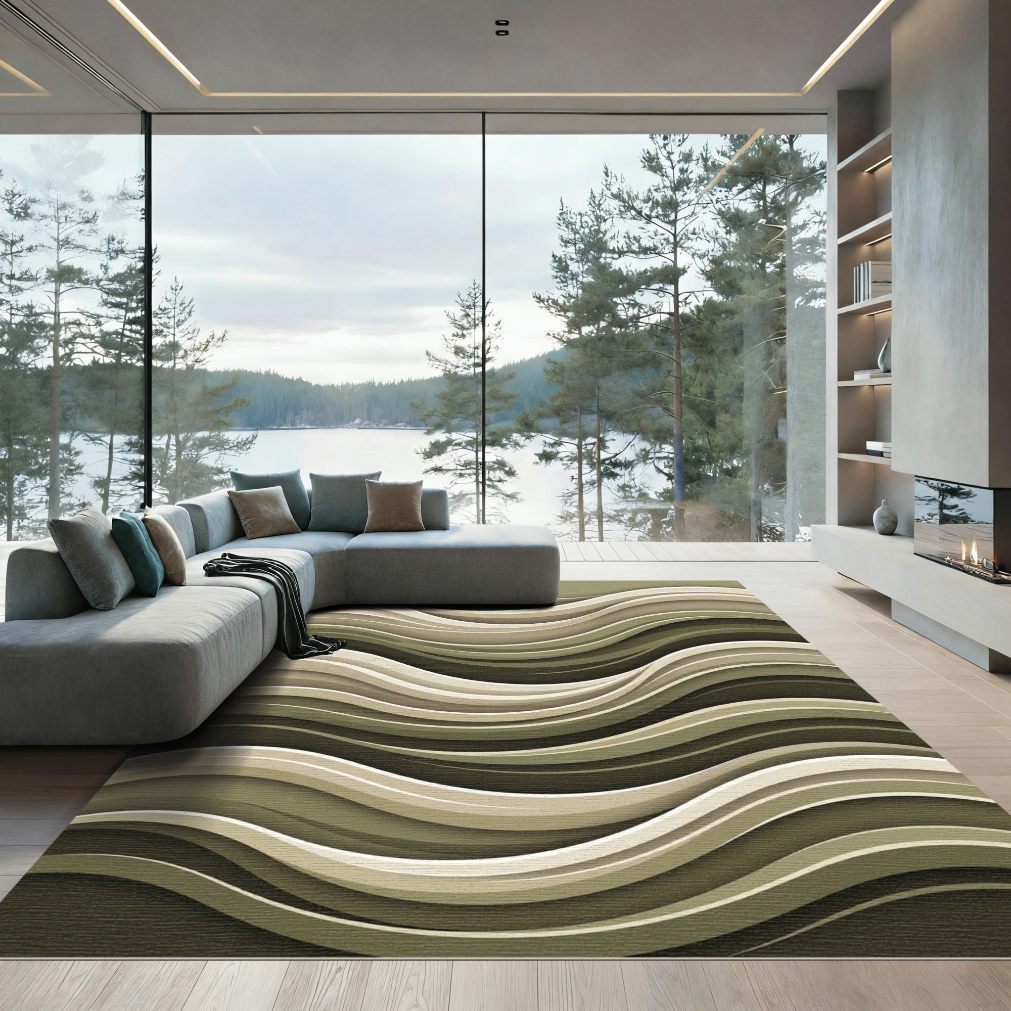 Modern Olive Green Abstract Flowing Waves Rug