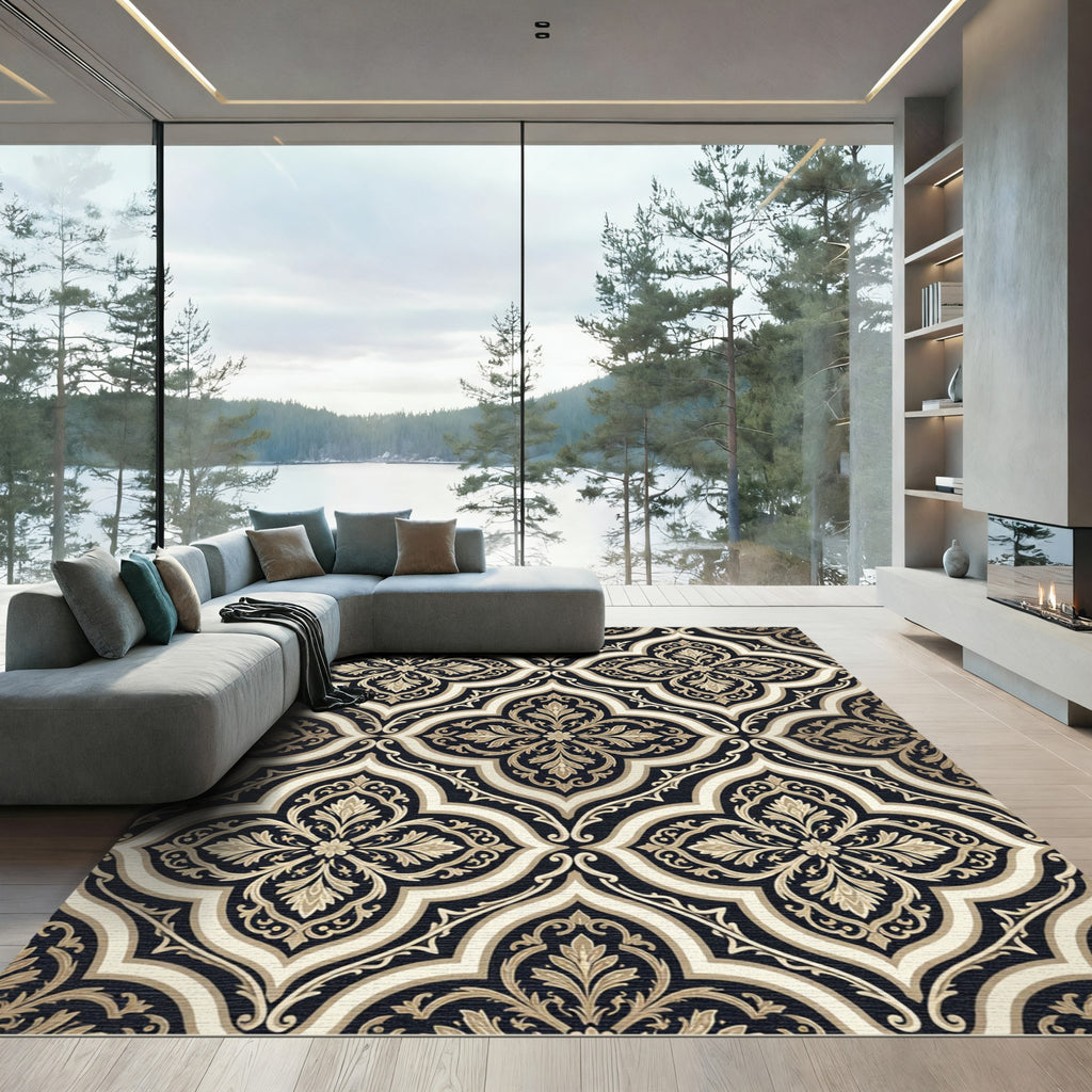 Elegant Black and Gold Damask Trellis Rug