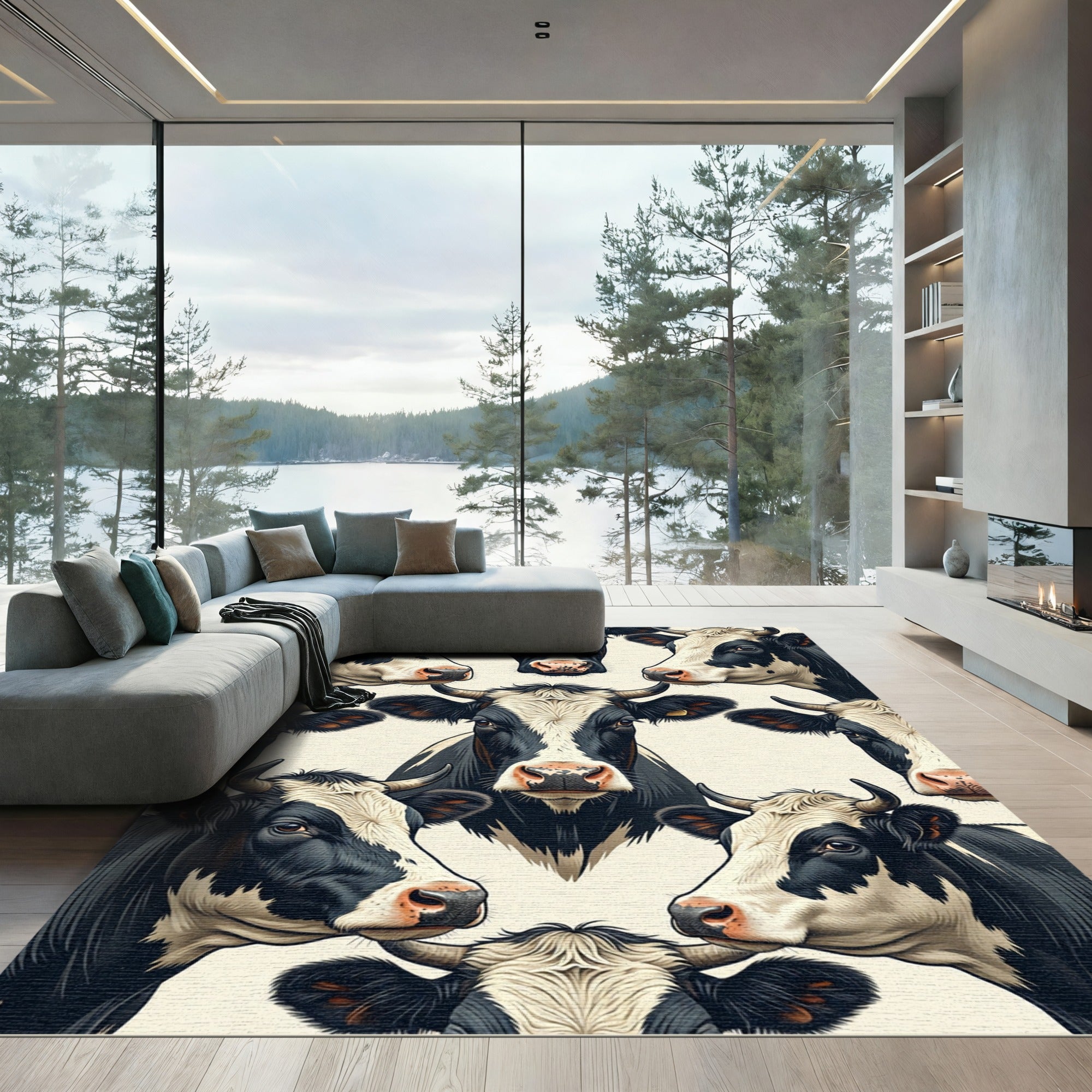 Monochrome Holstein Cow Head Farmhouse Illustration Rug