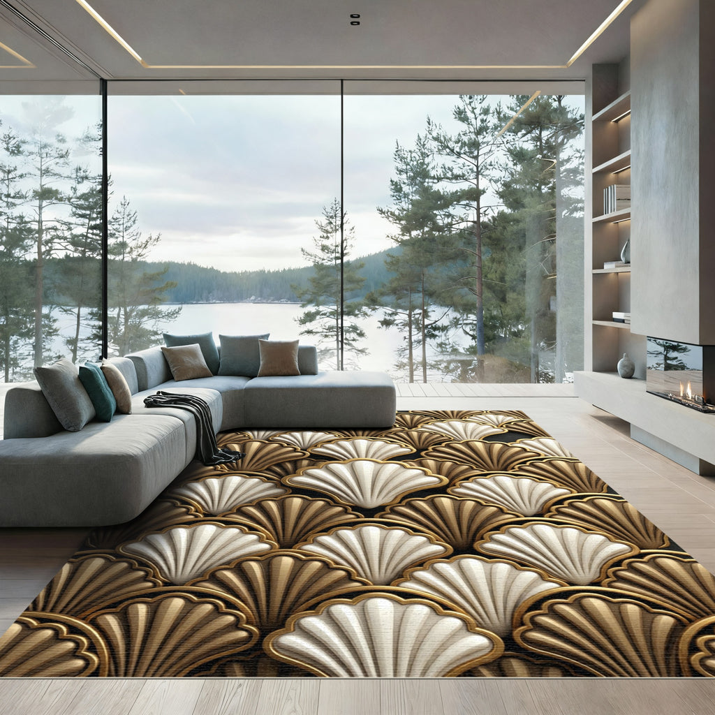 Art Deco Gold and Cream Shells Rug