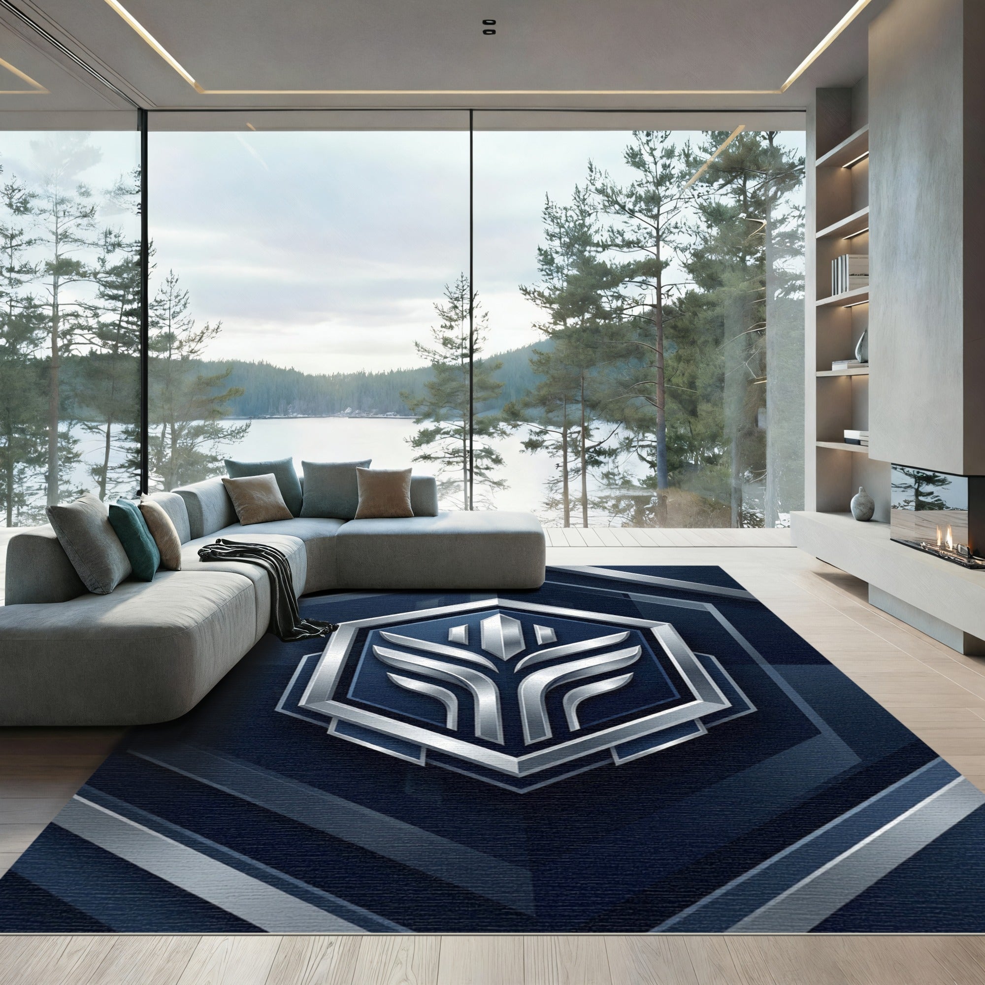 Sophisticated Navy Silver Geometric Hexagon Rug