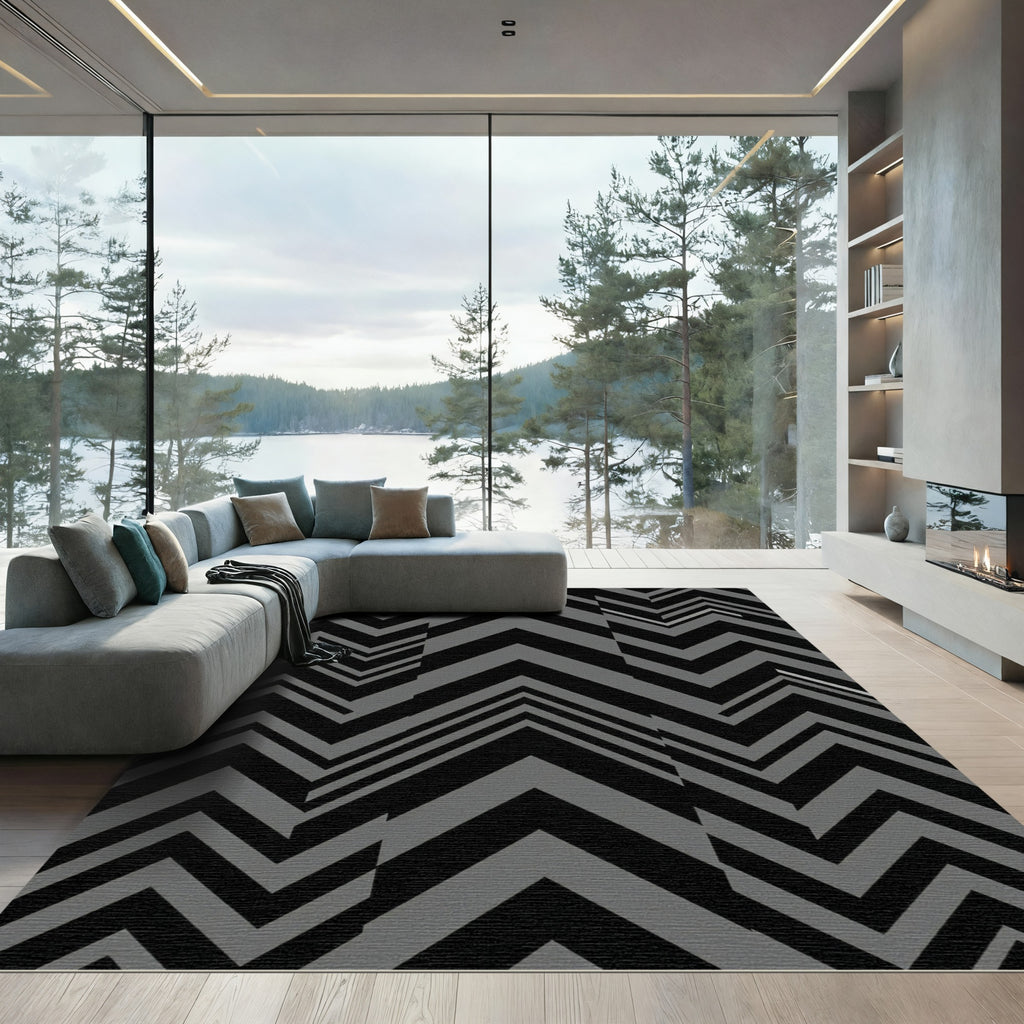 Modern Charcoal Black Geometric Chevron Rug