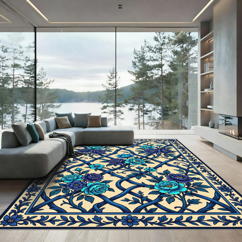 Blue Floral Lattice Botanical Rug