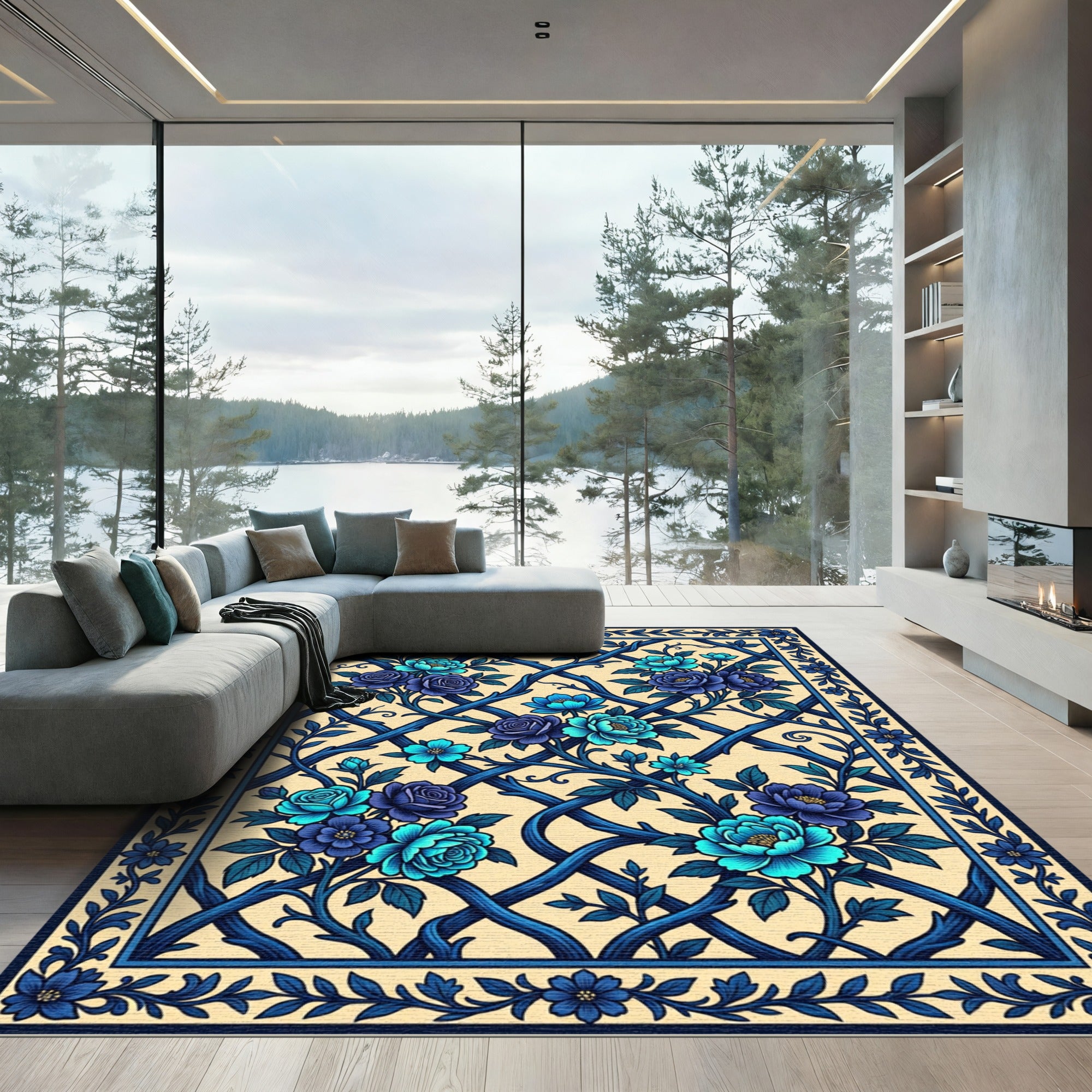 Blue Floral Lattice Botanical Rug