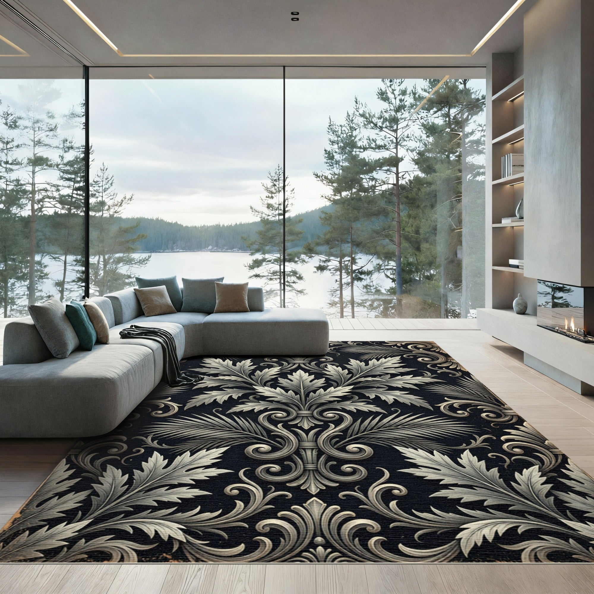 Elegant Monochrome Acanthus Leaf Damask Rug