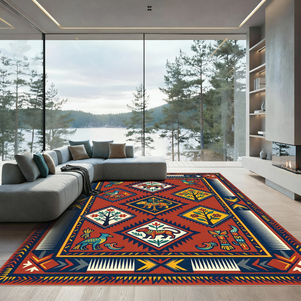 Vibrant Terracotta Animal Folk Diamond Rug