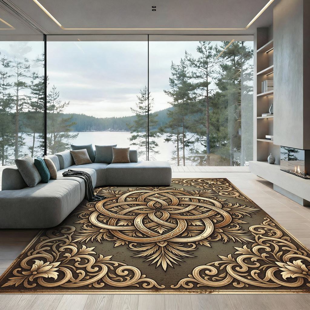 Ornate Golden Baroque Intertwined Filigree Rug