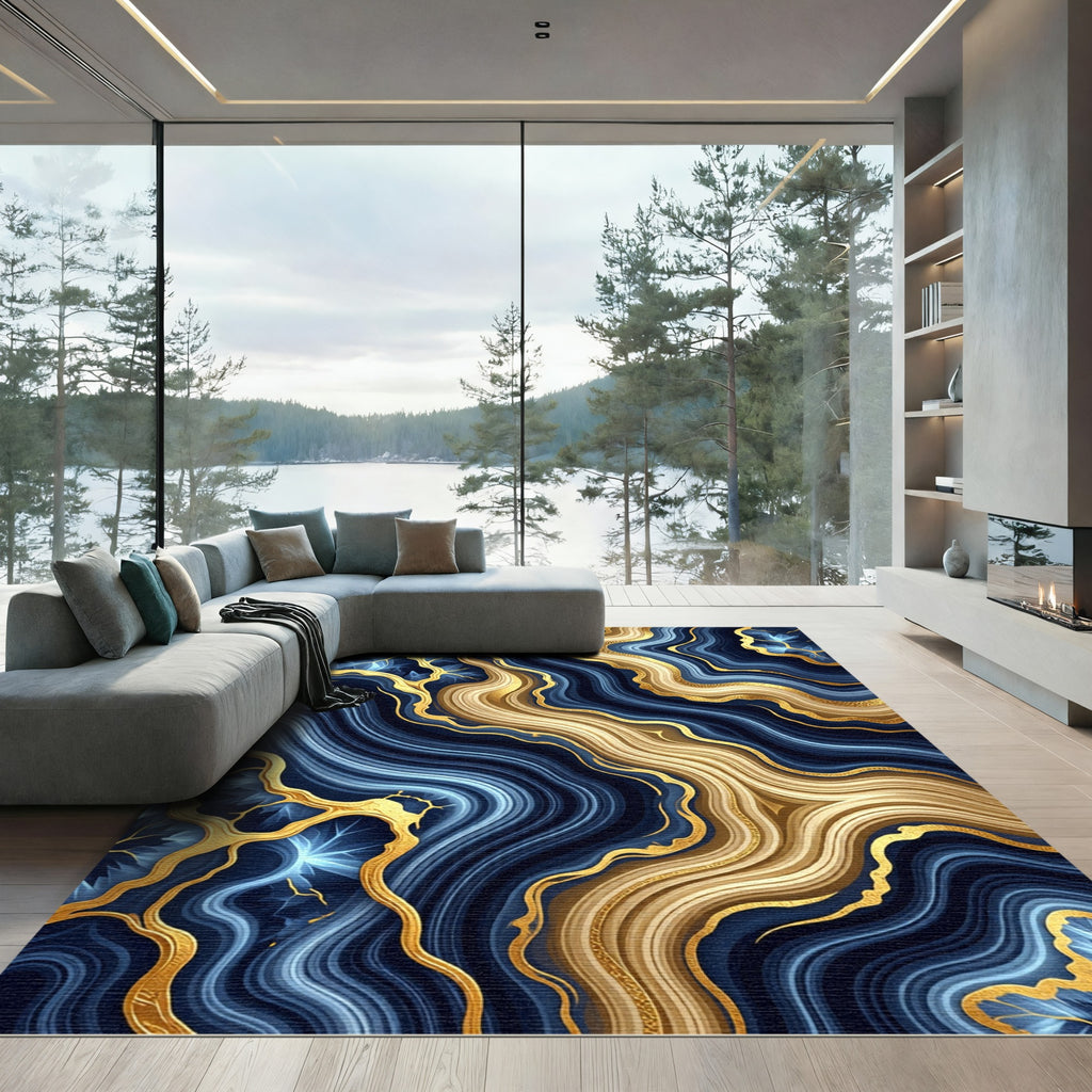 Luxury Navy Blue and Gold Agate Rug