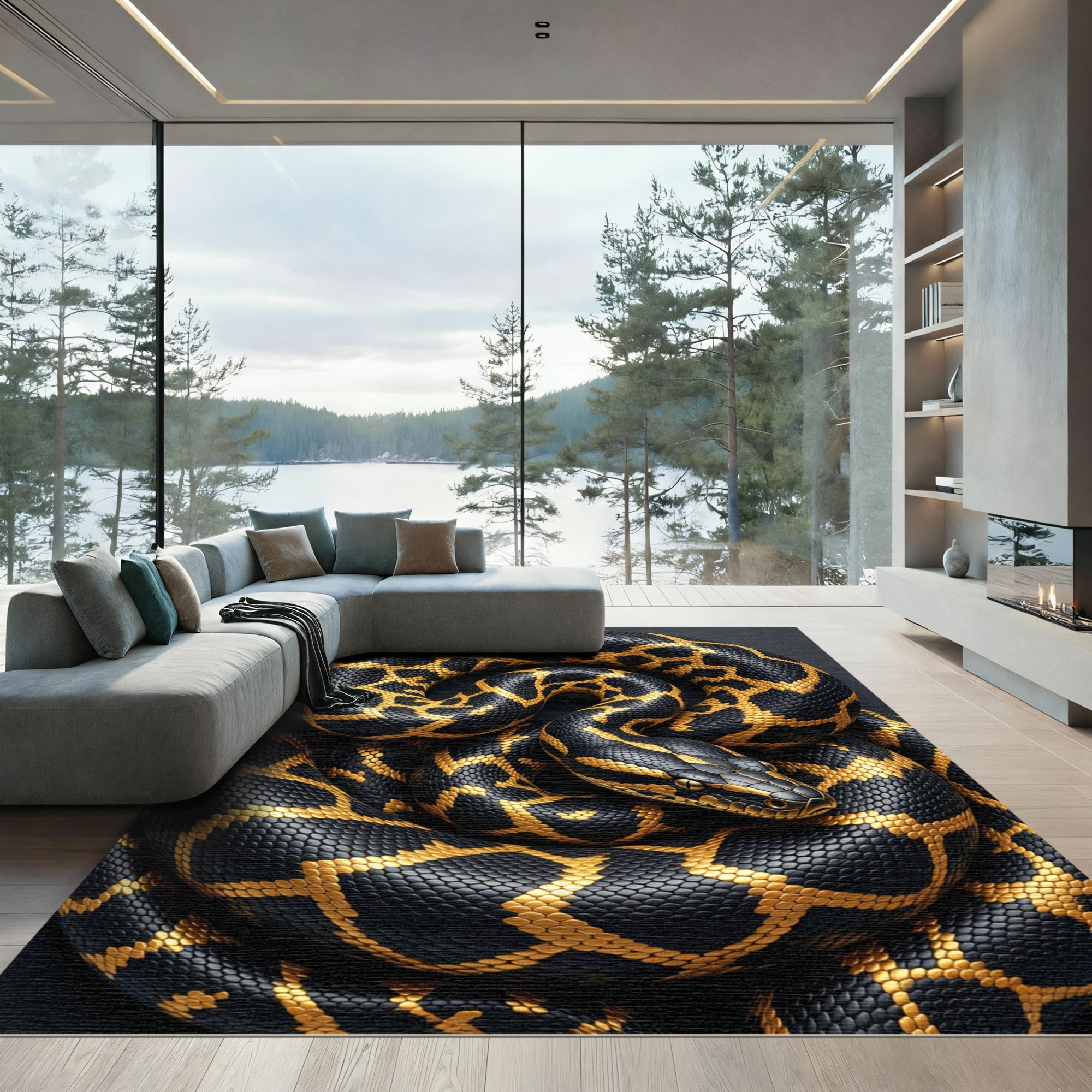 Golden Serpent Coil Obsidian Black Shimmer Rug