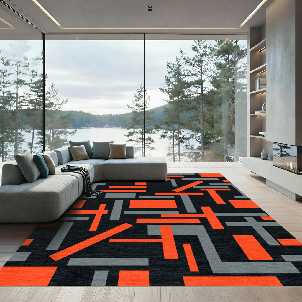 Bold Geometric Orange and Gray Composition Rug