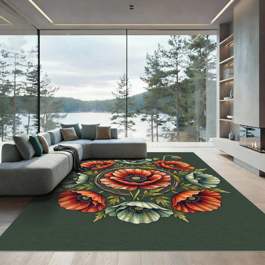 Earthy Poppy Floral Circular Medallion Rug