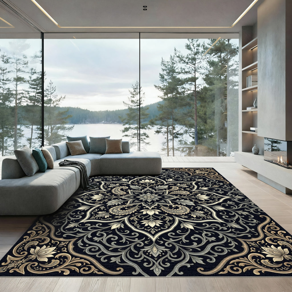 Intricate Black Gold Floral Medallion Rug