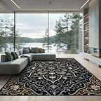 Intricate Black Gold Floral Medallion Rug