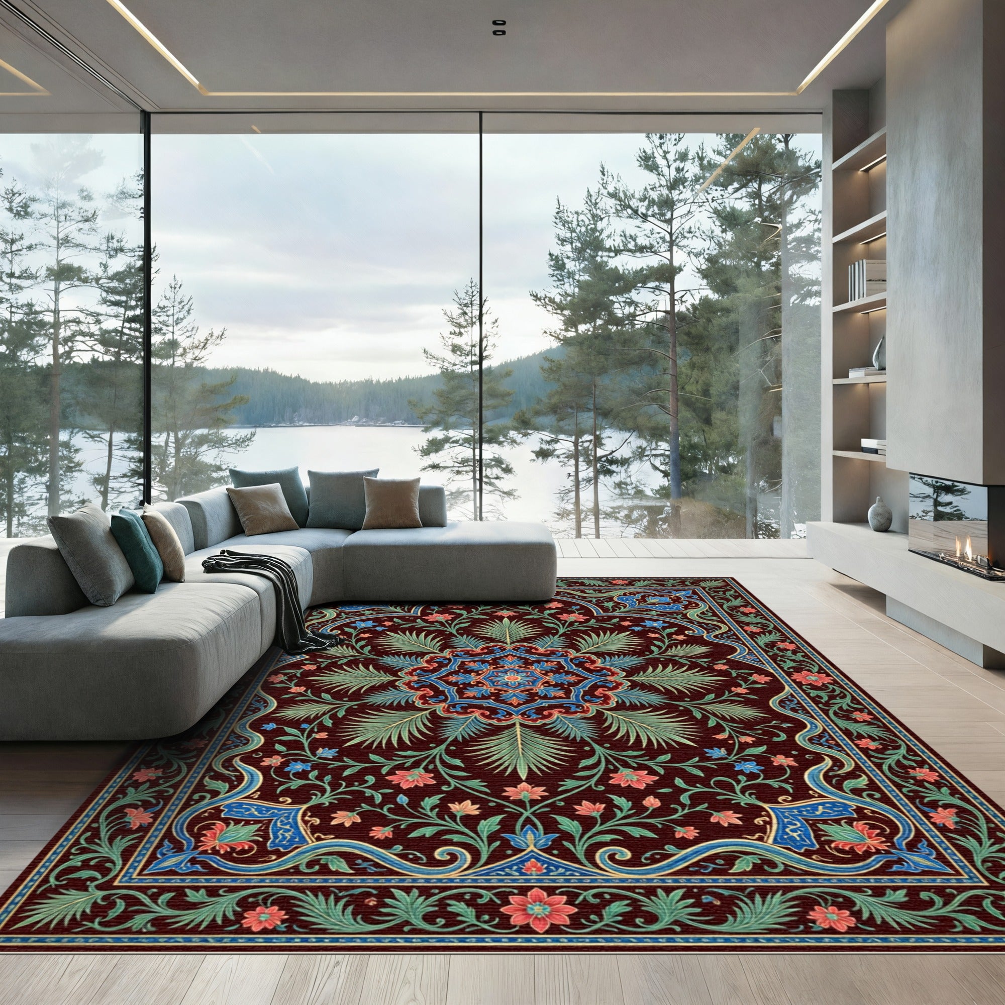 Ornate Deep Burgundy Floral Medallion Rug