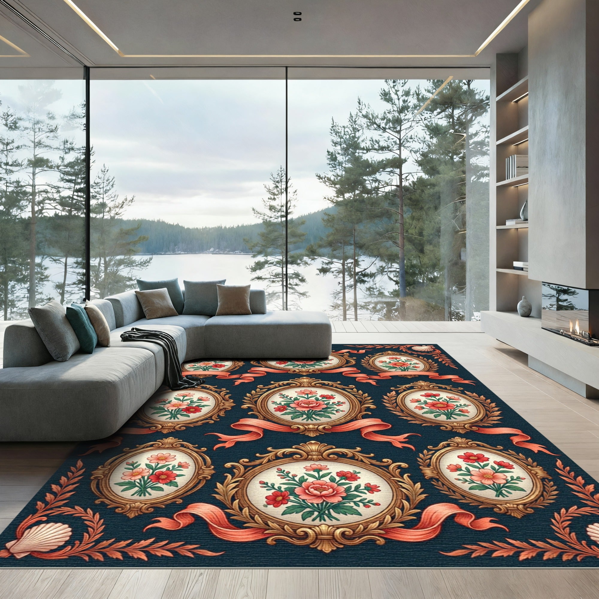 Ornate Floral Oval Cameo Ribbon Tapestry Rug