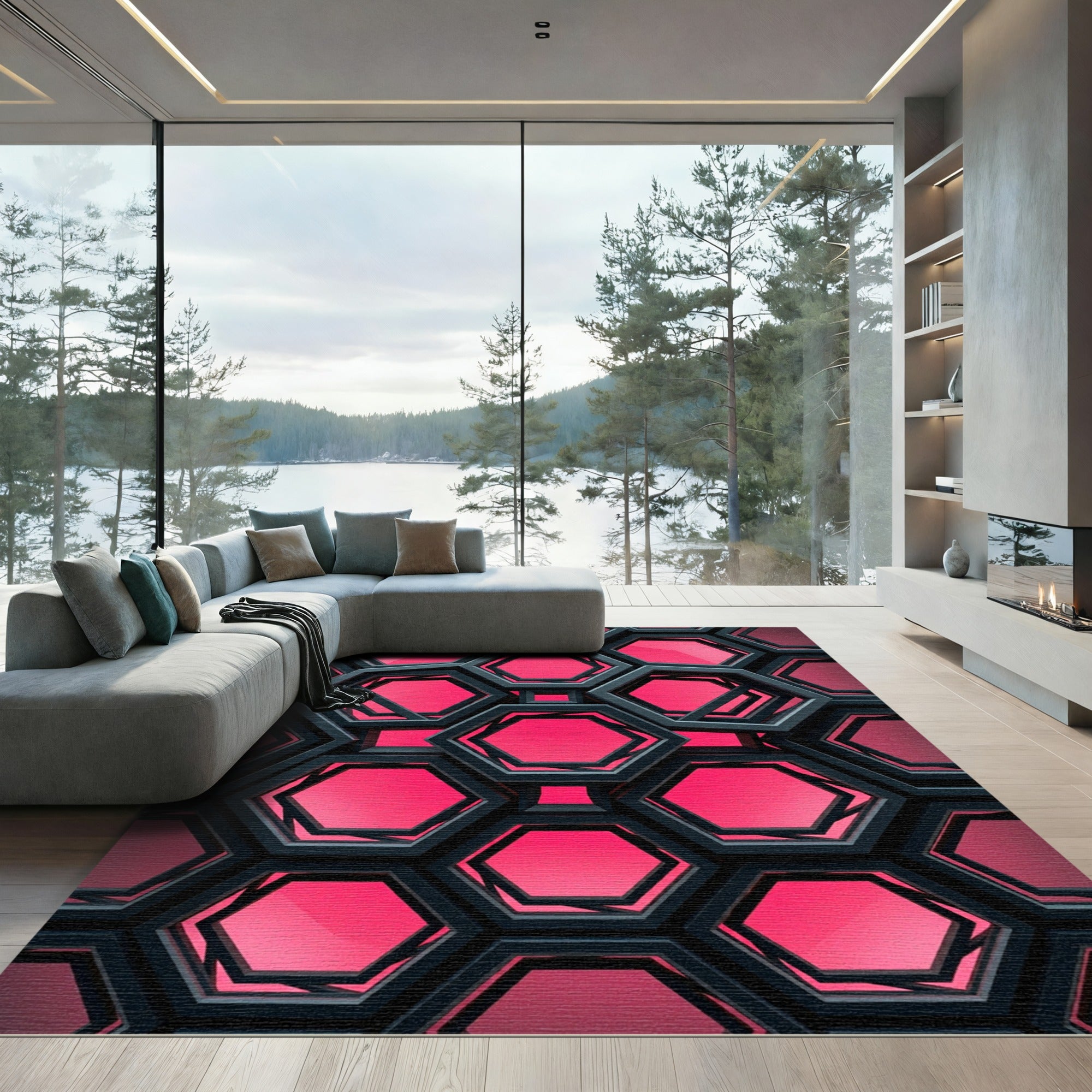 Modern Deep Magenta Hexagonal Grid Rug