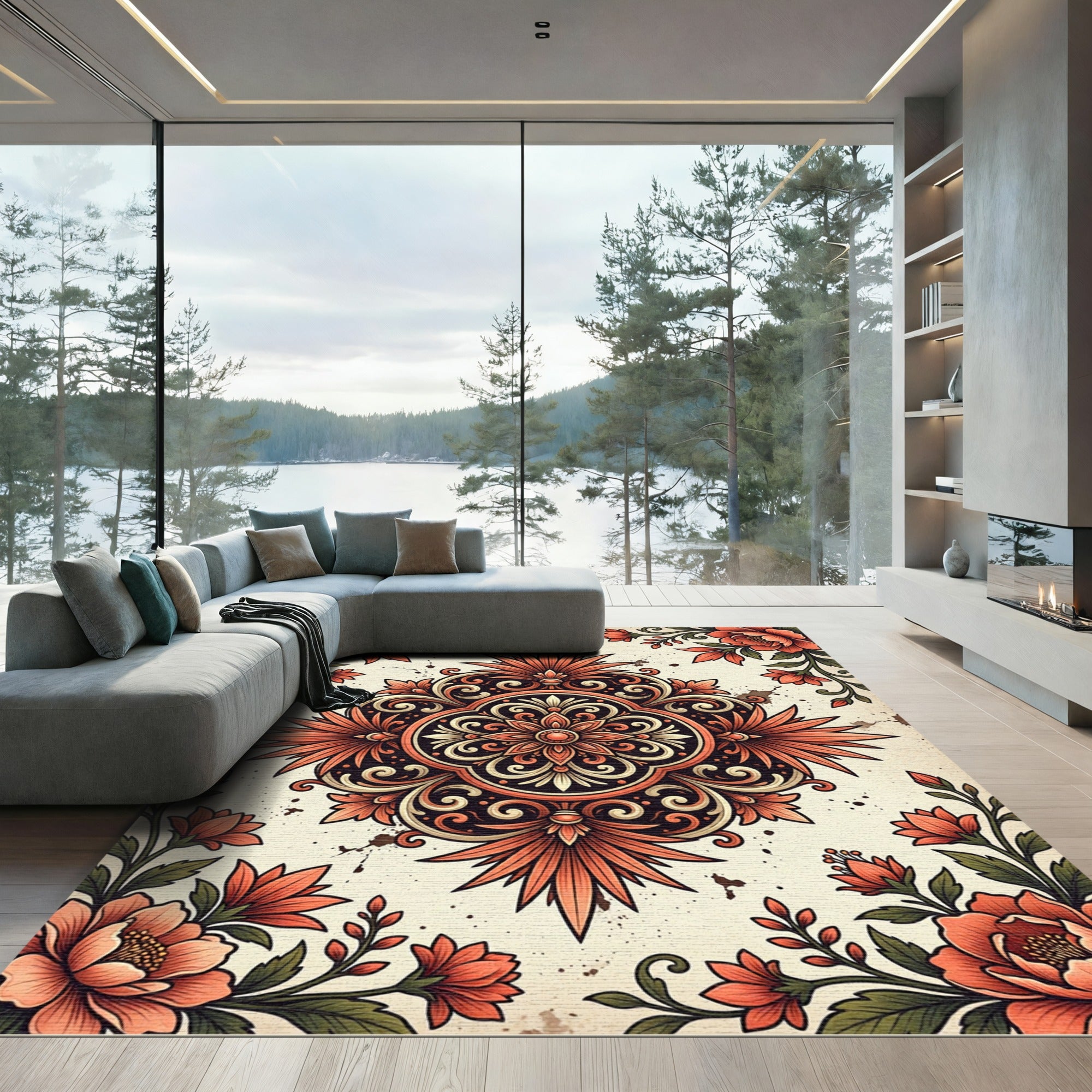 Canyon Orange Floral Grand Medallion Rug