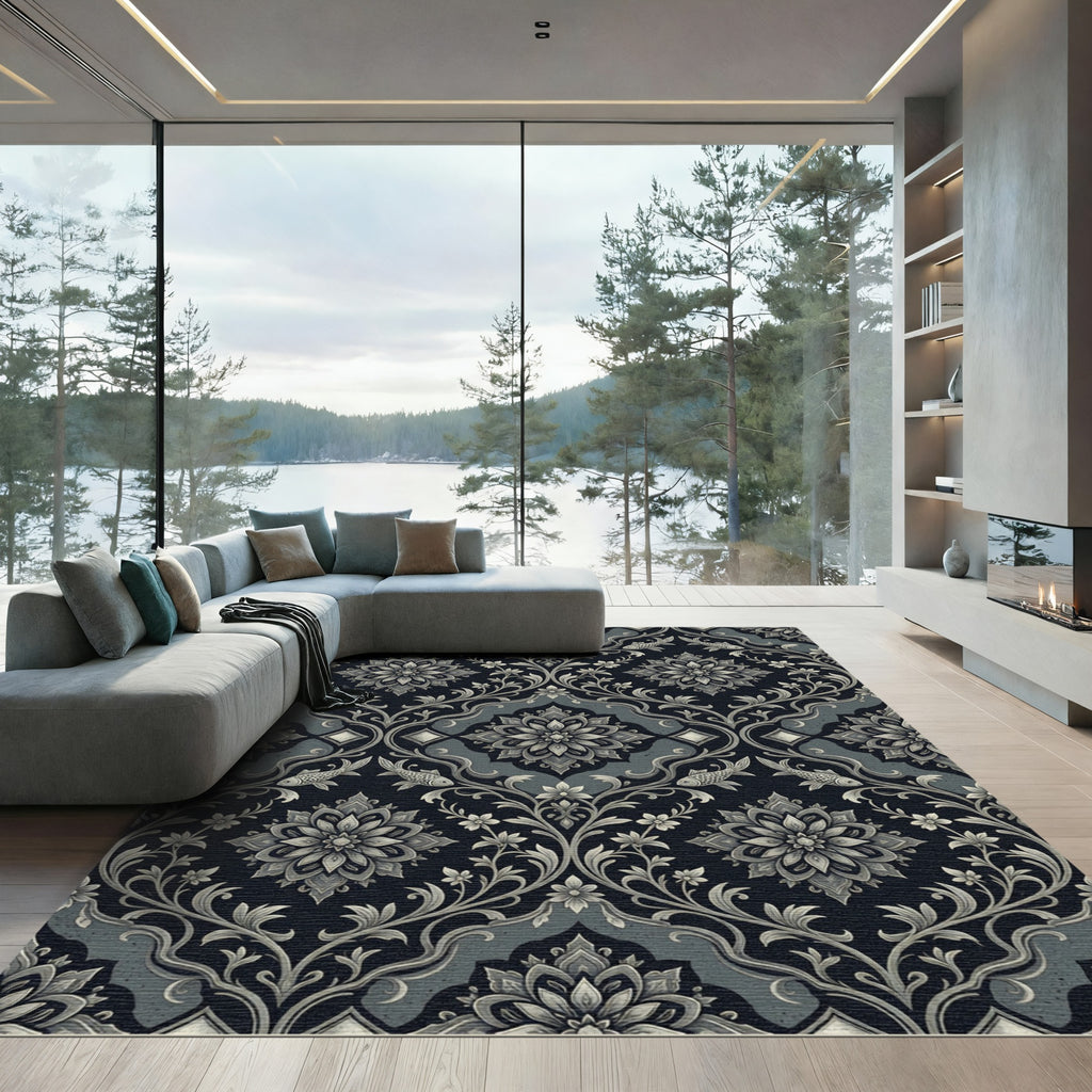 Elegant Charcoal Floral Koi Damask Rug