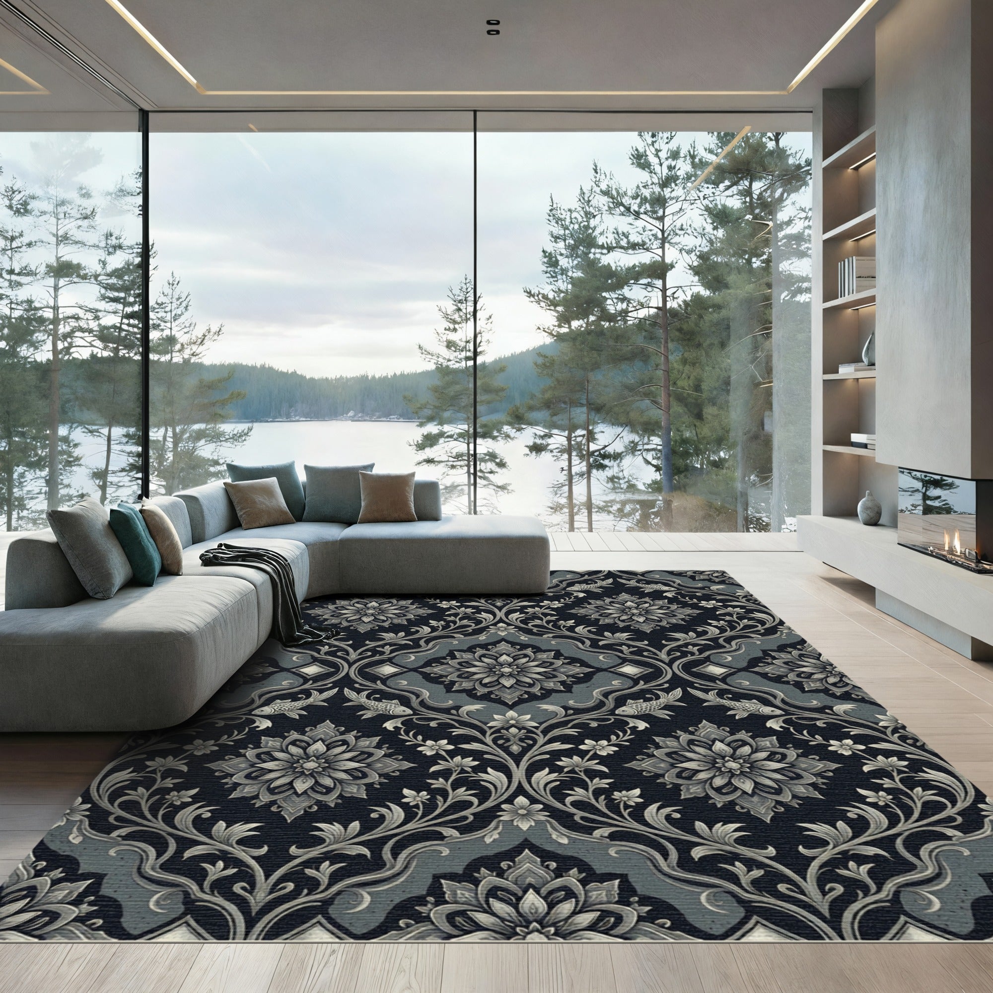 Elegant Charcoal Floral Koi Damask Rug