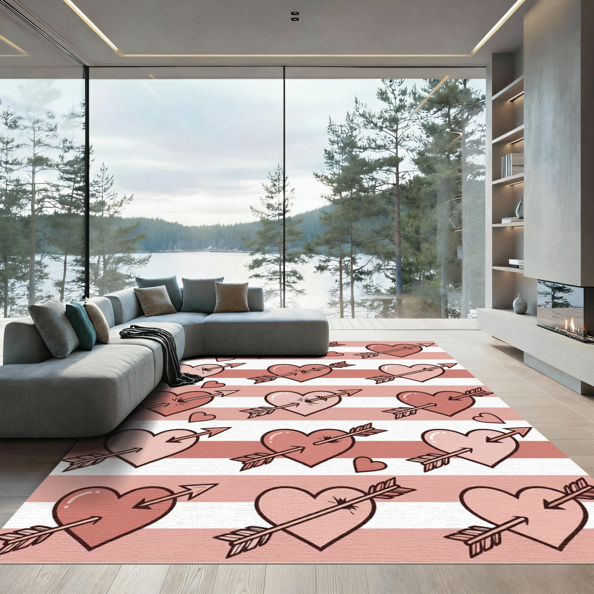 Pink Striped Hearts Arrow Motif Rug