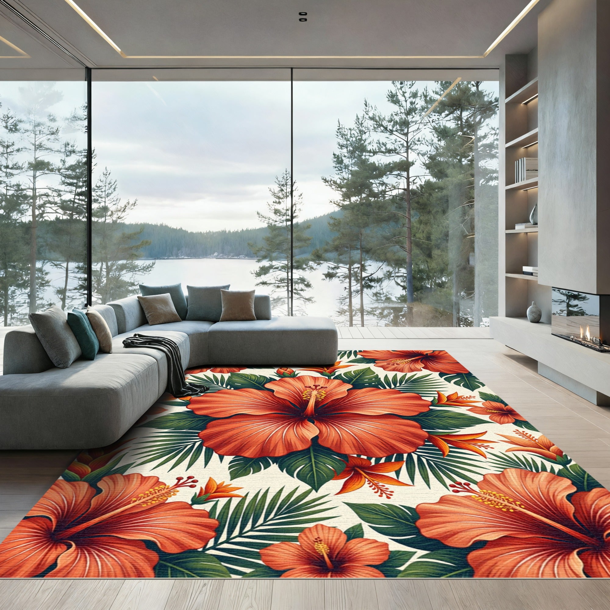 Lush Tropical Hibiscus Floral Arrangement Rug