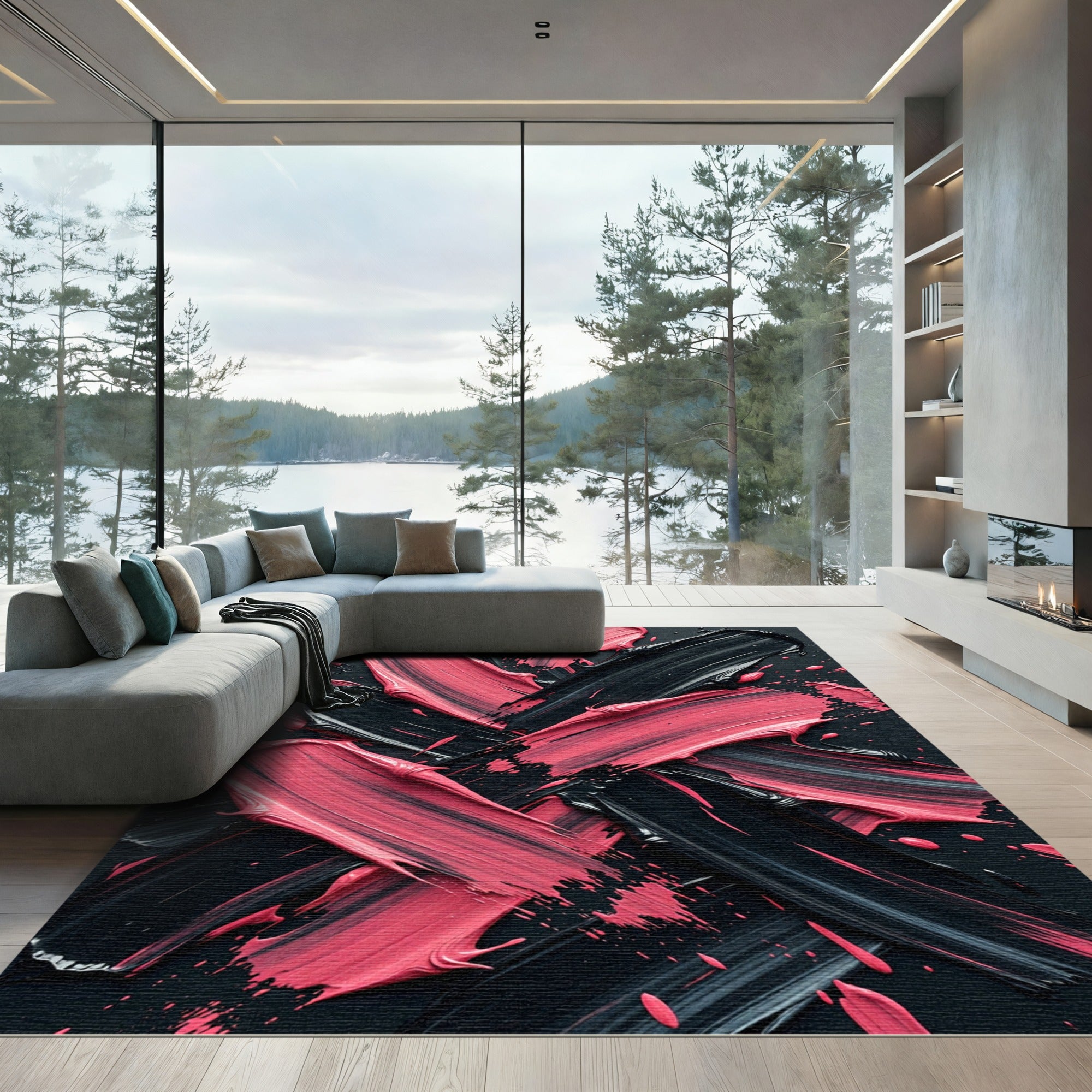 Bold Black and Pink Abstract Brushstroke Rug