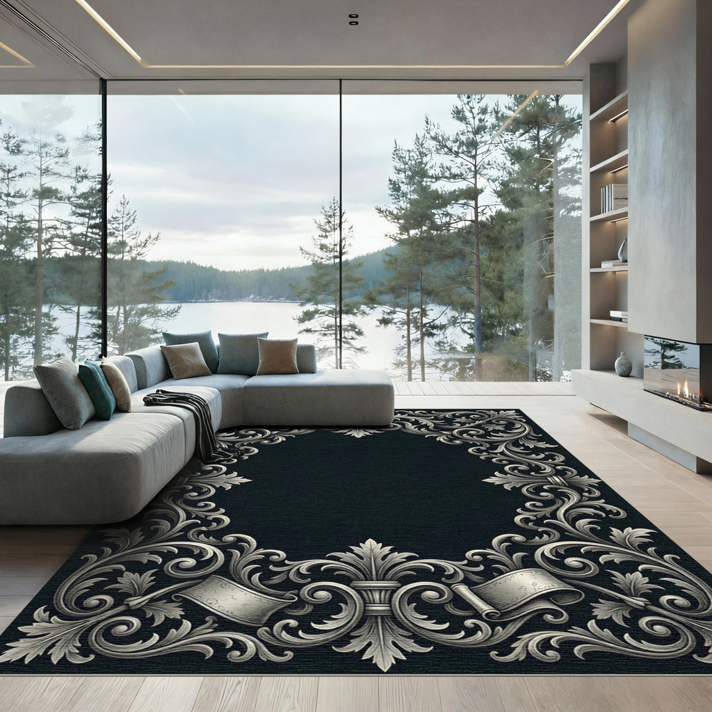 Ornate Silver Acanthus Scroll Border Rug