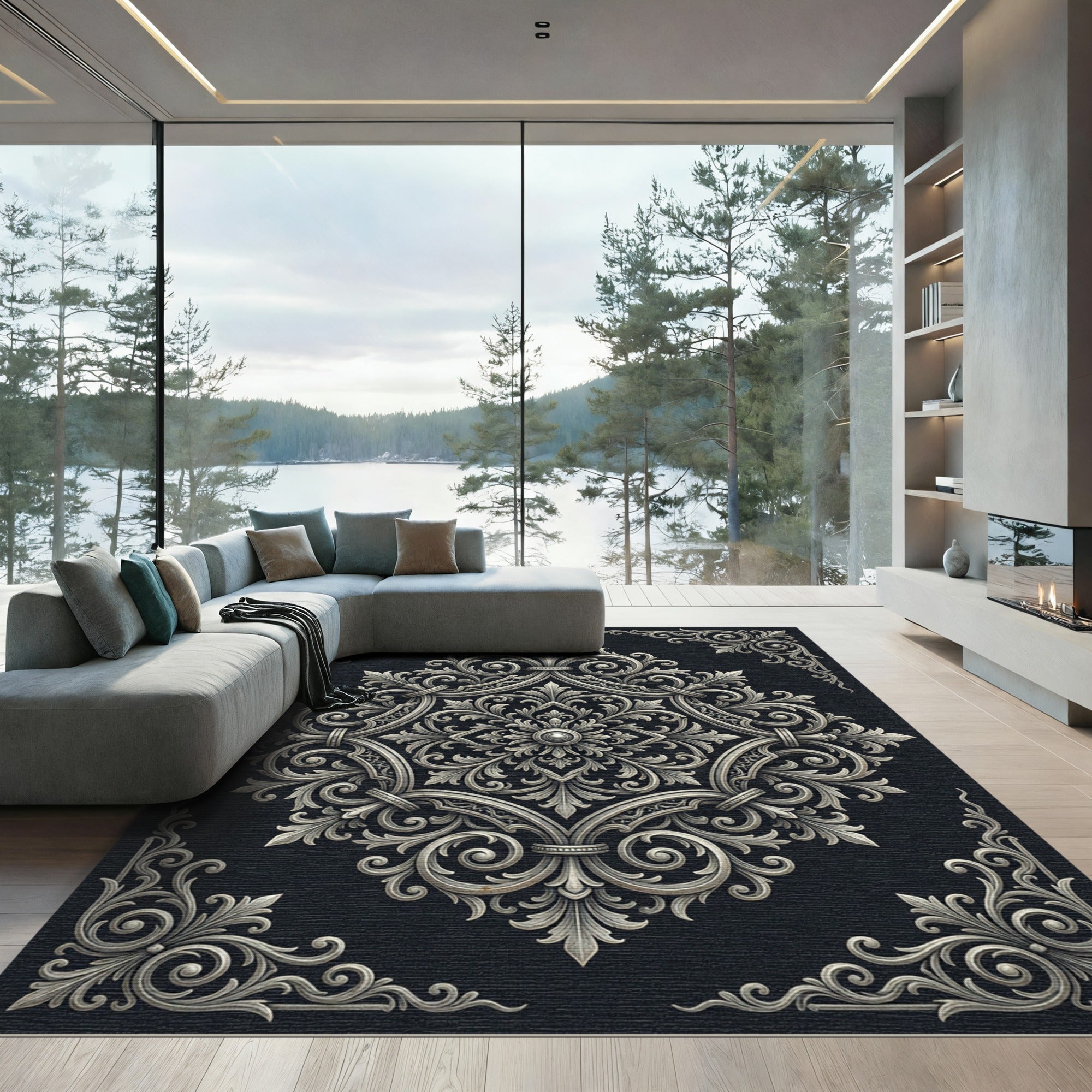 Ornate Silver Baroque Filigree Medallion Rug