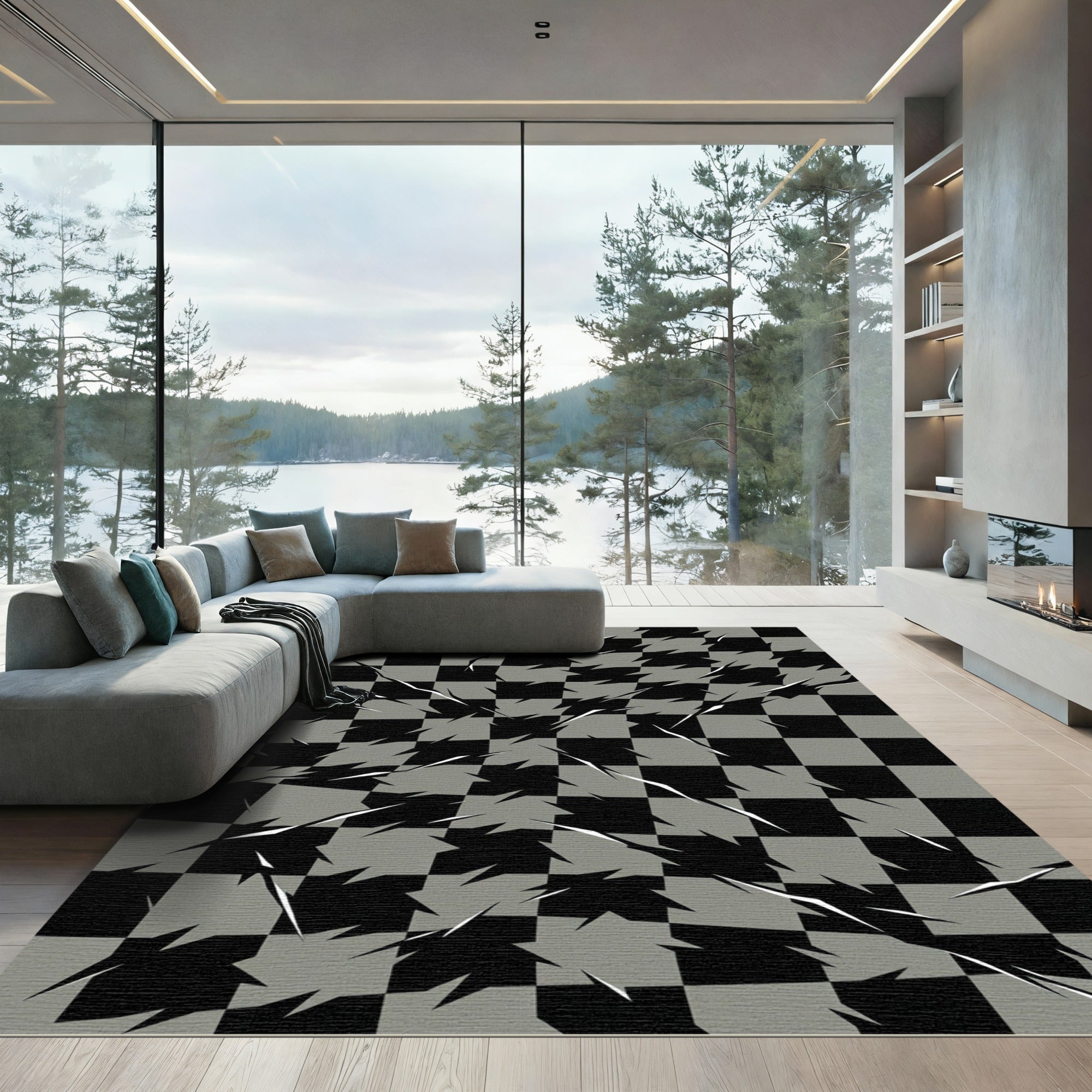 Black Gray Shattered Grid Rug