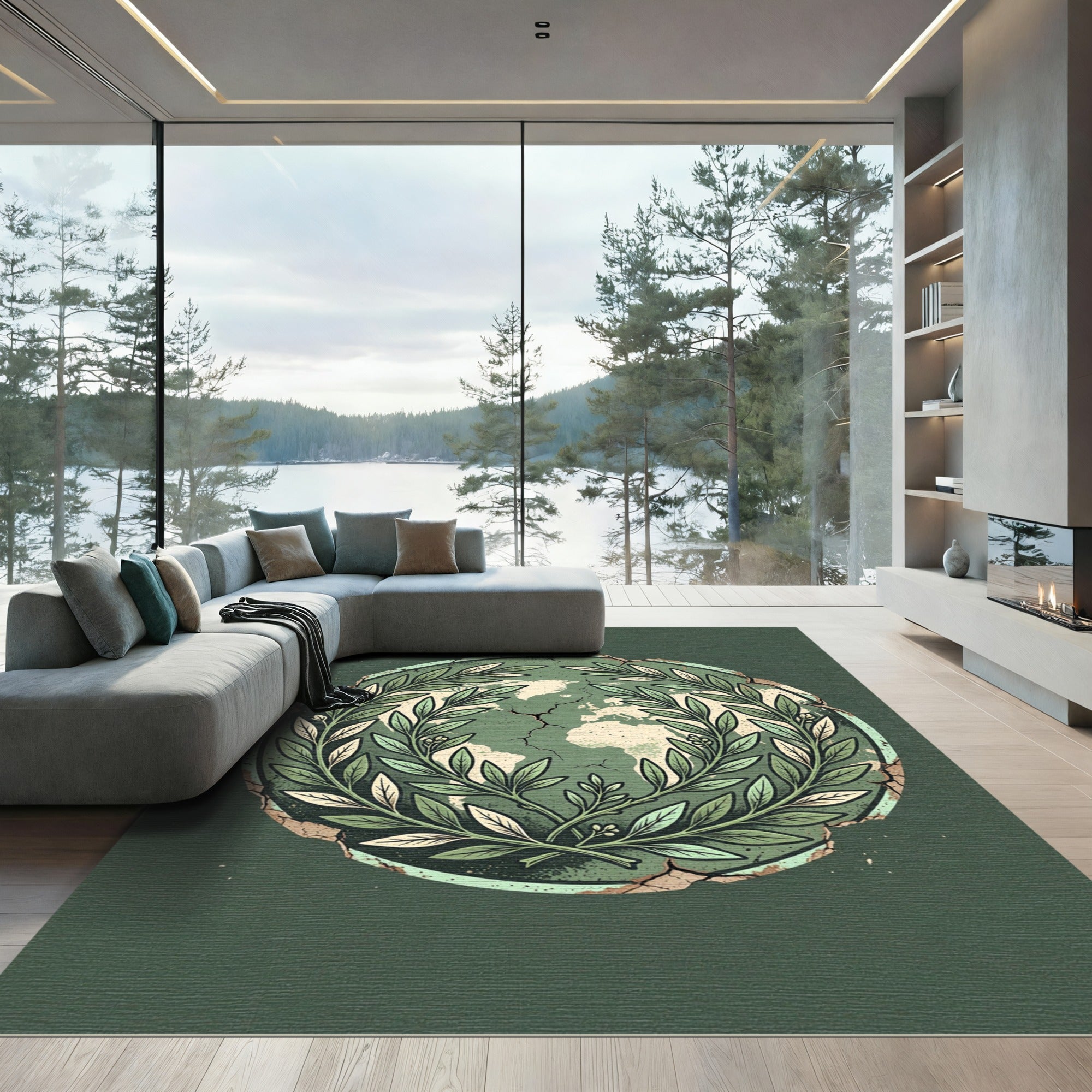 Distressed Sage World Laurel Emblem Rug