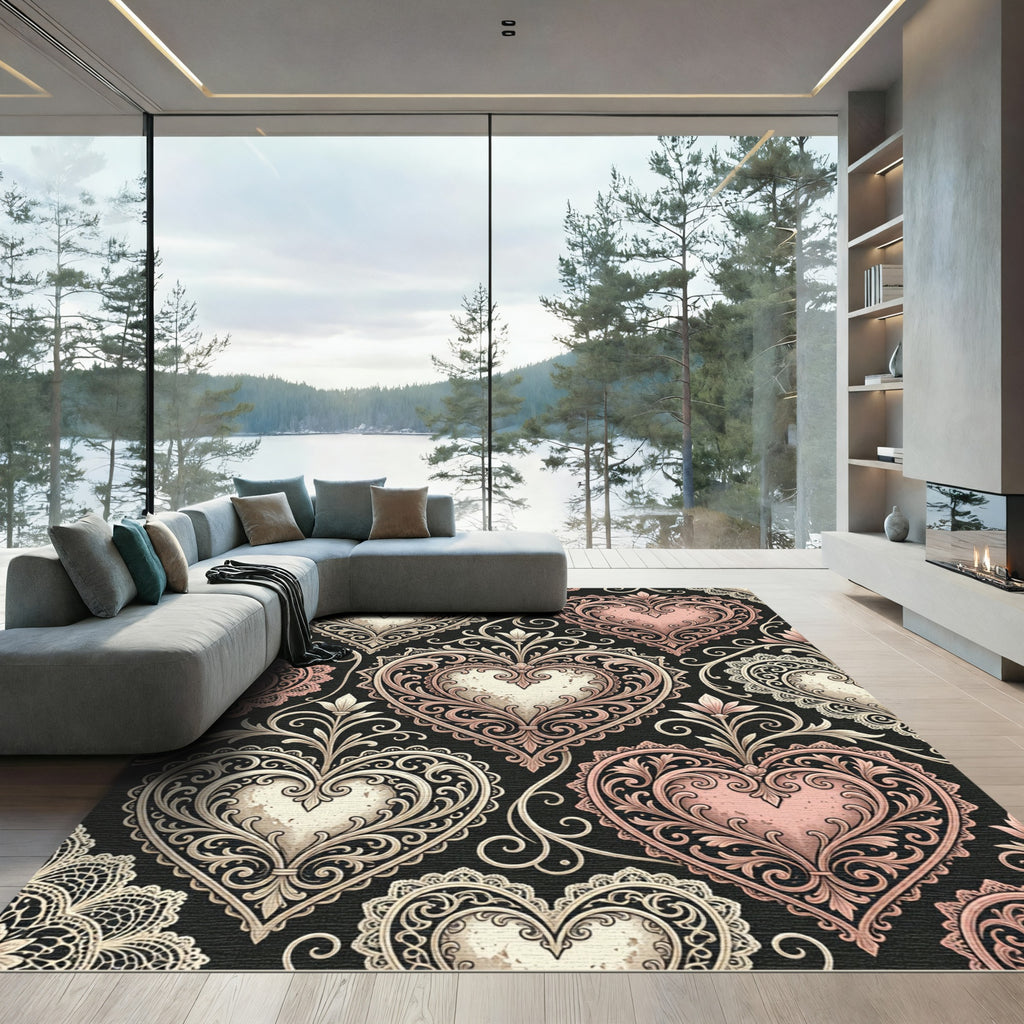 Vintage Pink Heart Filigree Rug